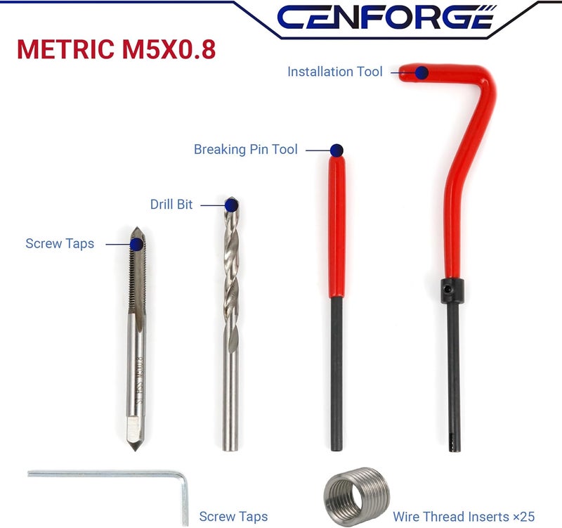 CENFORGE Store M5x0.8 Helicoil Thread Repair Kit, Metric HSS Drill Helicoil Repair Kit for Rethreading Internal Threads with Carry Case, 30PCS - Image 1